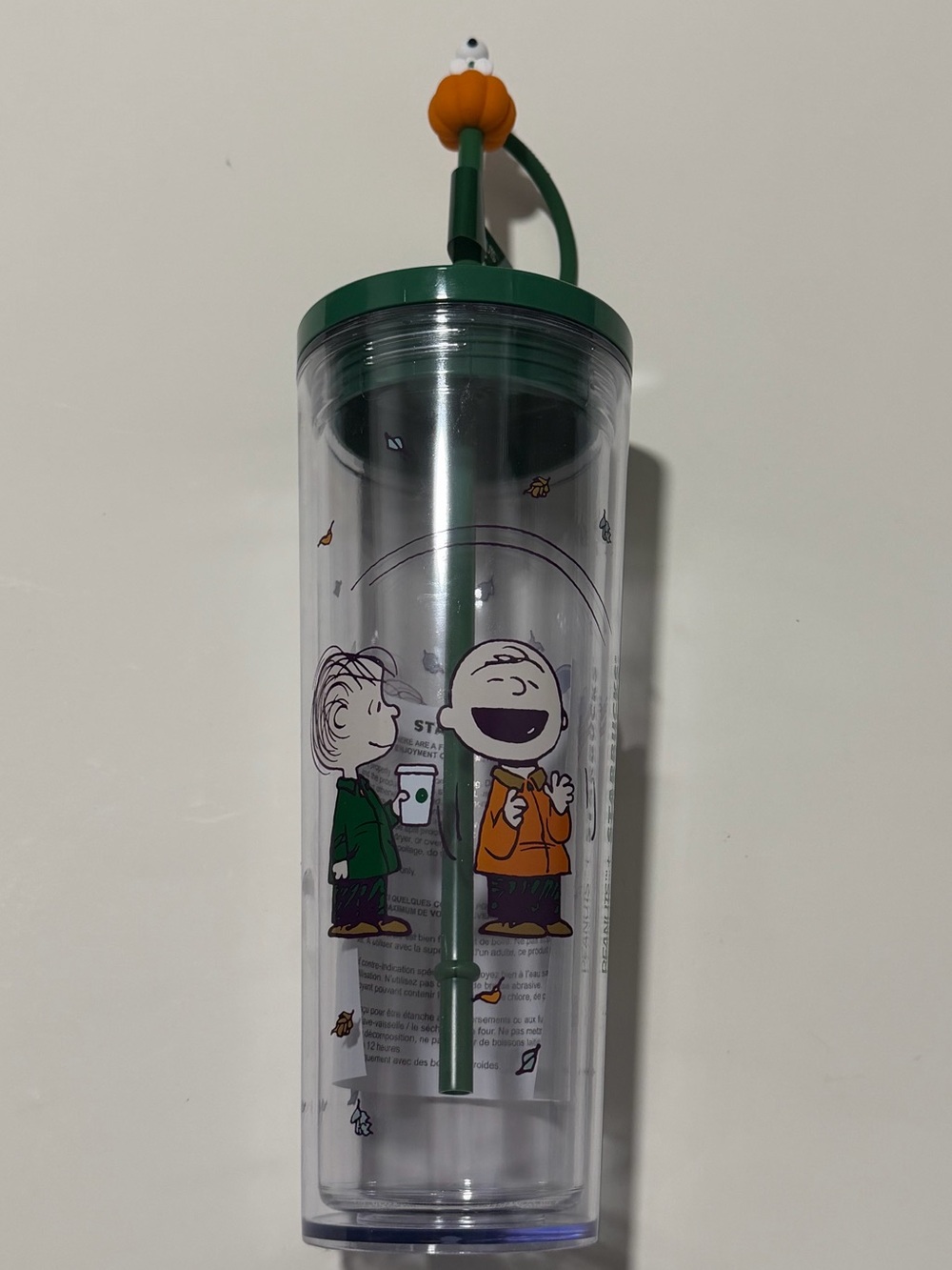 NWT Starbucks Peanuts Venti Tumbler with Green Lid and Fall Peanuts Artwork